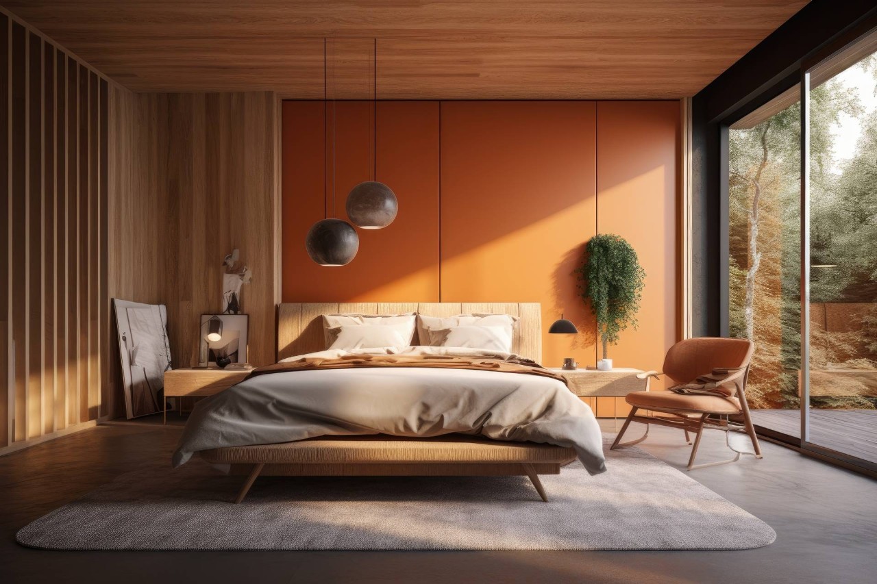 An orange accent wall in a modern bedroom for fall design ideas near Jamesburg, NJ