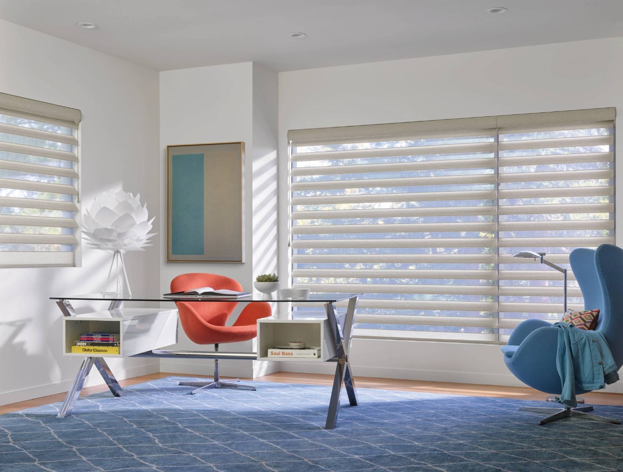 Hunter Douglas Pirouette® Sheer Shades filtering light in a home office near Monroe Township, NJ