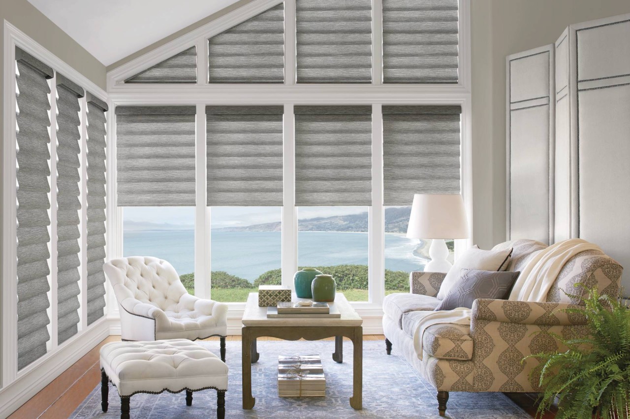 Hunter Douglas Vignette® Roman Shades in a living room near Monroe Township, New Jersey (NJ)