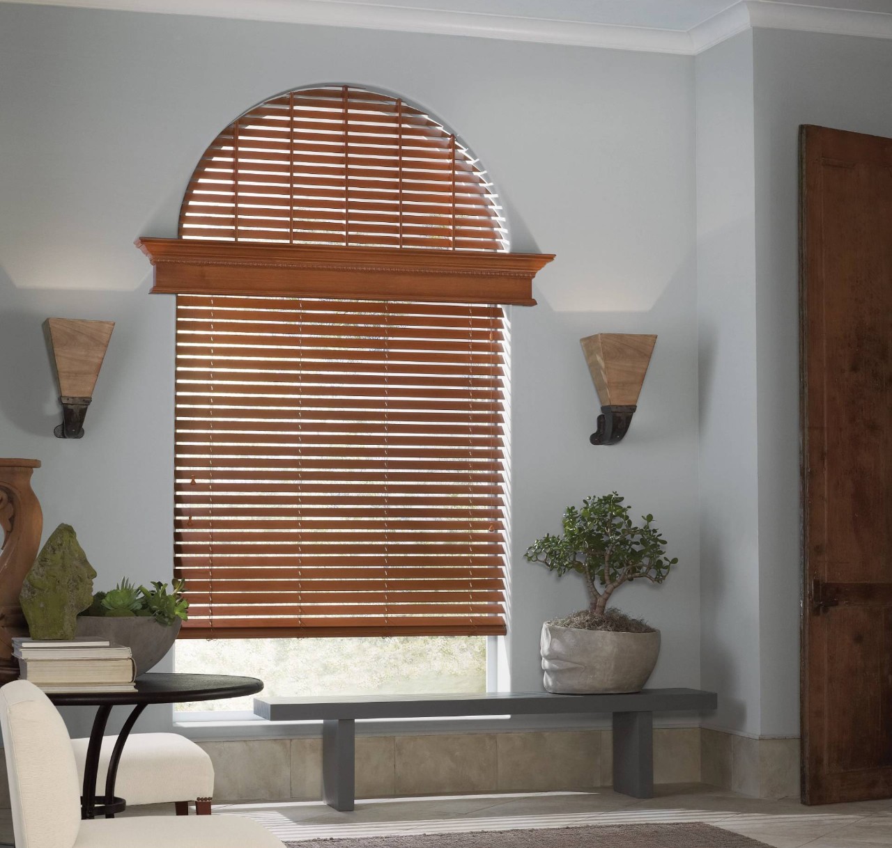 Hunter Douglas wood blinds as arched window treatments near Jamesburg, NJ