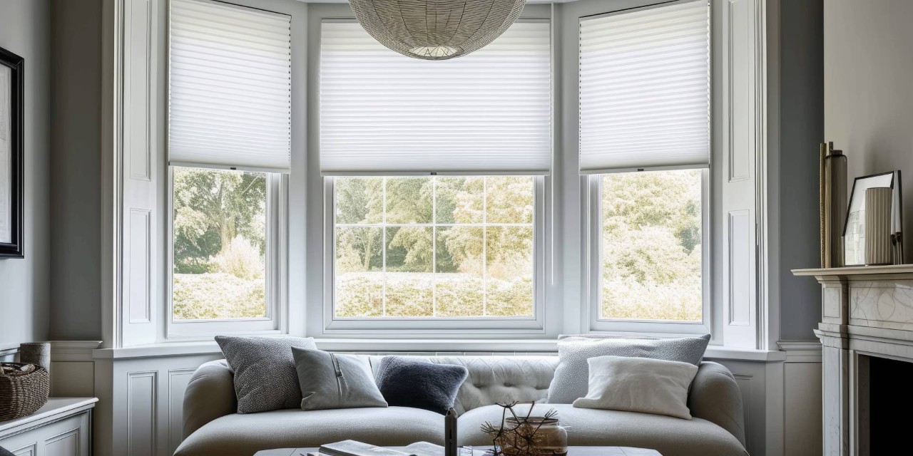 Cordless living room shades for a bay window at Jamesburg Hardware & Appliance near Jamesburg, NJ