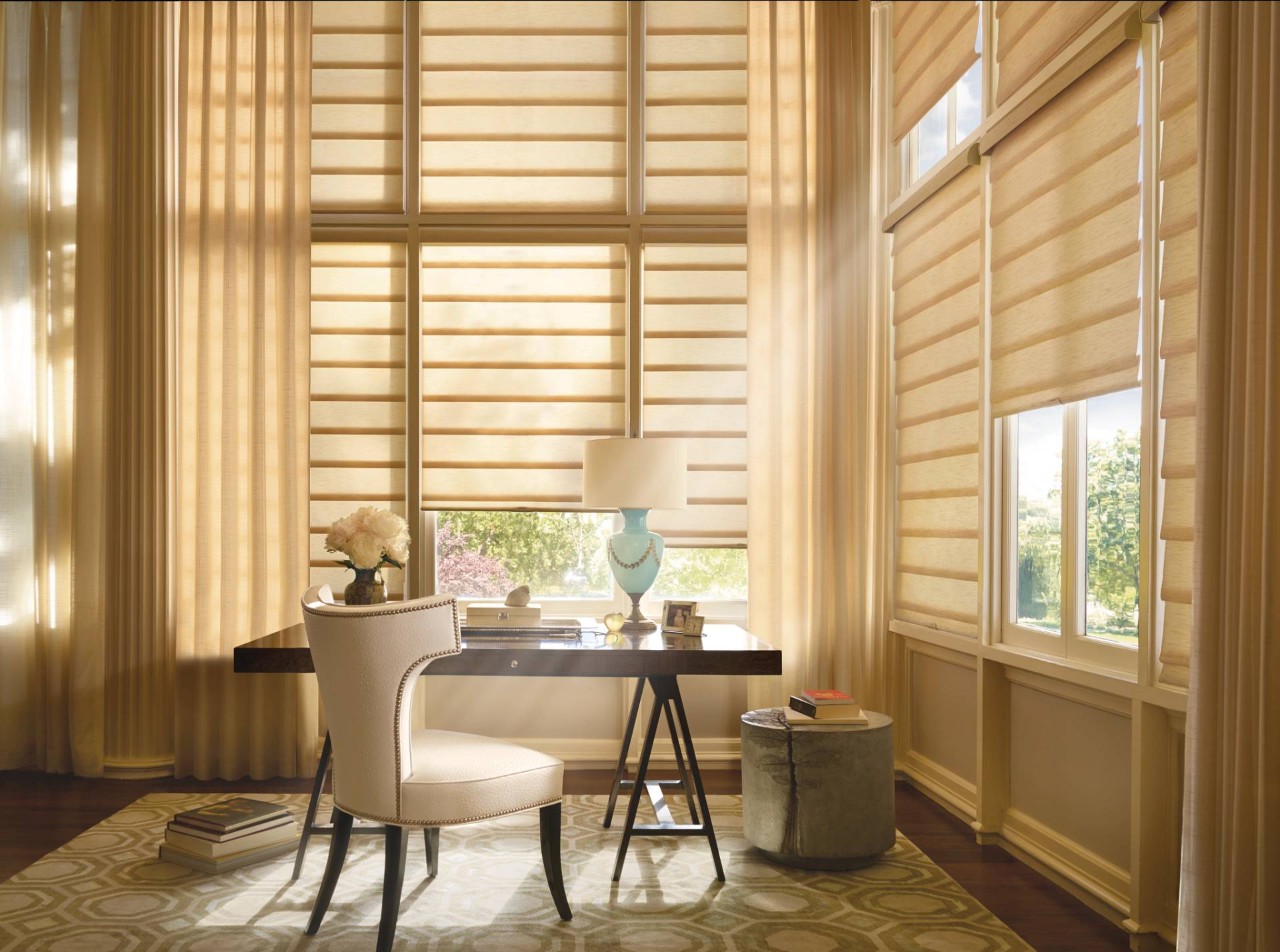 Hunter Douglas Vignette® Roman Shades on a bay window near Jamesburg, New Jersey (NJ)
